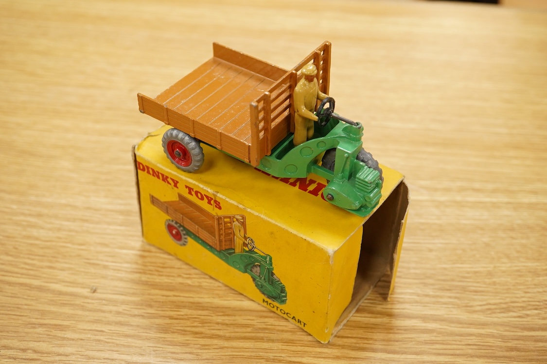 Nine Dinky Toys; Big Bedford Heinz van (923), Austin Atlantic Convertible (106), Austin-Healey 100 (109), M.G. Midget (108), Cunningham C-5R (133), Motocart (342), Austin Champ (674), Army Covered Wagon (623), and Army 1